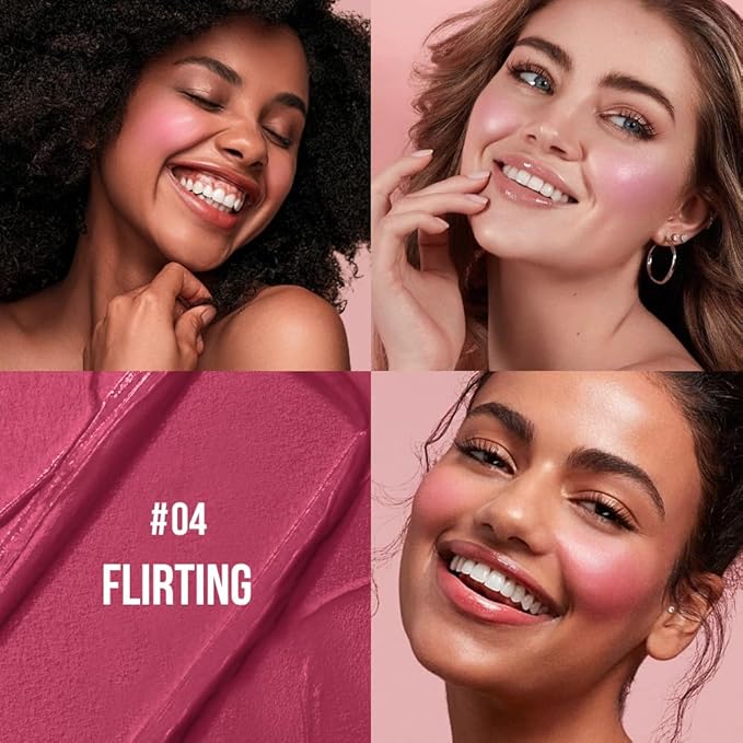Multi-Use Makeup Cream Blush Stick, Unidollss 3-in-1 Buildable Powder Blush Stick for Cheeks, Eyes, and Lips, Hydrating formula, All day wear, Easy Application with Thumb Puff Included (04 FLIRT)