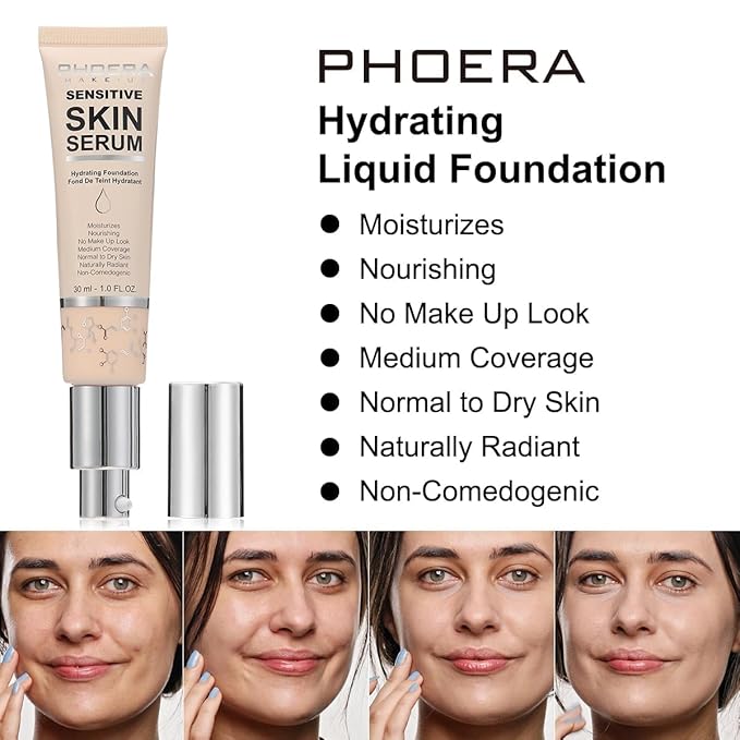 PHOERA Hydrating Serum Foundation,Flawless Full Coverage and Hypoallergenic Porcelain, norm)