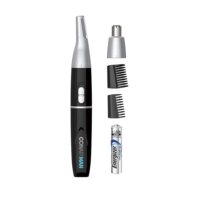 ConairMAN All-in-One Personal Trimmer for Men, for Nose, Ear, Eyebrows and Sideburns Hair Trimmer, 4 piece Men's Grooming Kit, Lithium Battery-Powered