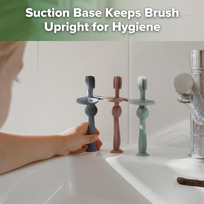 haakaa 360° Baby Toothbrush with Suction Base - Gentle Cleaning for Infant Self-Brushing Training, Food-Grade Silicone, Adjustable Safety Shield - Steel Blue (1 Piece)