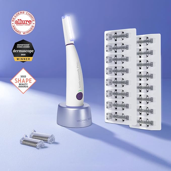 Michael Todd Beauty Sonicsmooth Pro+ Dermaplane Razor for Women Face + Eyebrow trimmer Dermaplaning System w/LED Light Peach Fuzz Remover -16 Dermaplaning Blades & 2 Microsmooth Exfoliation Tips