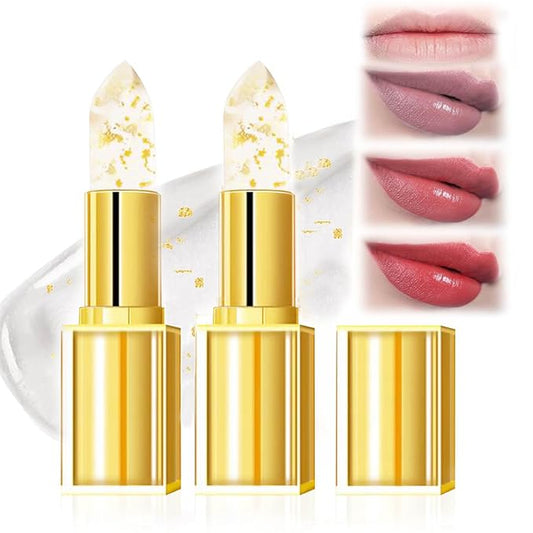 Transferproof Color Changing Lipstick, Gold Crystal Ph Lipstick Color Changing Lipsticks for Women Girls, Temperature Change Moisturizer,Long Lasting 24 Hours Moisturizing Glossy Shine Lip Gloss(2Pcs)