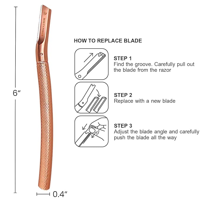 Eyebrow Razor with 6 Blades & Travel Case – Face Razors for Women & Men, Eyebrow Trimmer Shaper with Precision Cover, Facial Shaver & Dermaplaning Tool for Smooth Skin (Rose Gold)