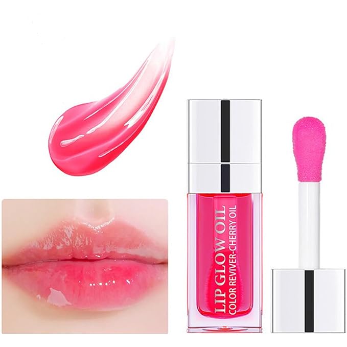 Hydrating Lip Glow Oil Set, Plumping Lip Oil Moisturizing Nourishing Shiny No-Sticky Transparent Tinted Lip Gloss Balm, Natural Lip Plumper Gloss Repairing Lightening (Cherry)