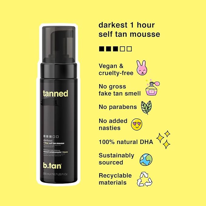 b.tan Dark Self Tanner Mousse | Get Tanned - Best, 1 Hour Express Sunless Tanning Foam, No Fake Tan Smell, Ultra Dark Bronzing Glow, Face & Body, Vegan, Cruelty Free, 6.7 Fl Oz