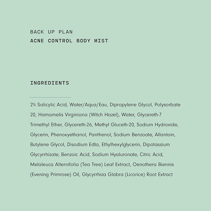 Versed Back-Up Acne Control Body Mist - All Over Blemish Spot Treatment + Salicylic Acid Spray with Tea Tree Oil & Witch Hazel - Oil Control + Redness Relief Acne Spray for Back & Body - Vegan (3 oz)