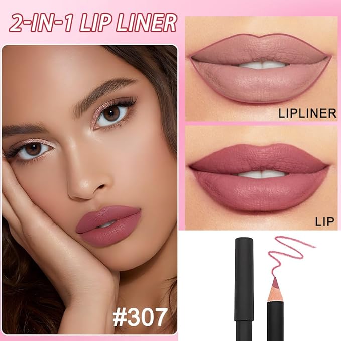 2 Pcs Natural Nude Brown Beige Colors Lip Liner Lipstick Pencils Set for Daily Makeup,Easy to Apply & Remove,Waterproof