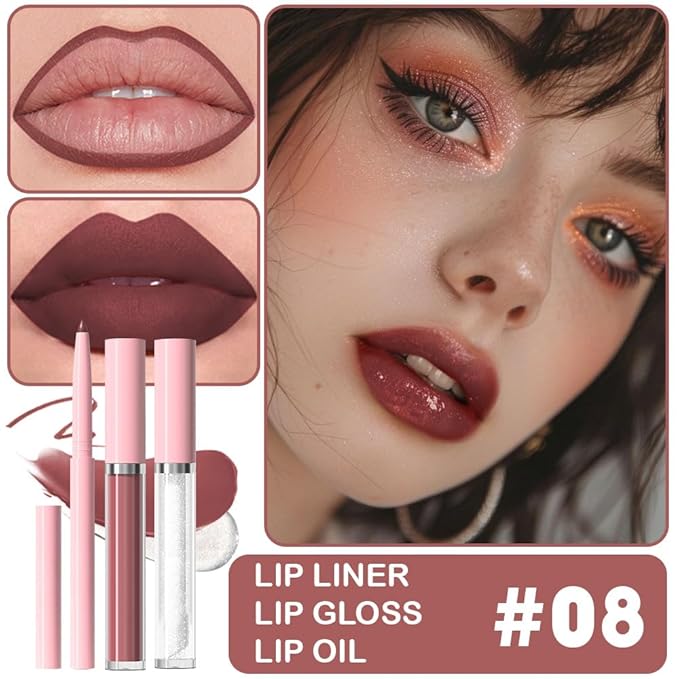 3-in-1Deep Burgundy Matte Lip Stain Kit | Waterproof Lip Liner + Hydrating Matte Lip Gloss + Nourishing Lip Oil | Long Lasting Plumping to Create Perfect Lip Makeup.08#