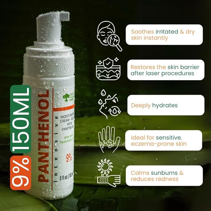 9% Panthenol Foam Spray, Vitamin B5 + Deep Moisturizing Hyaluronic Acid After Sun Care, After Tattoo Care, Hair Transplant & Baby Rash Relief, 5 Oz / 150 ml