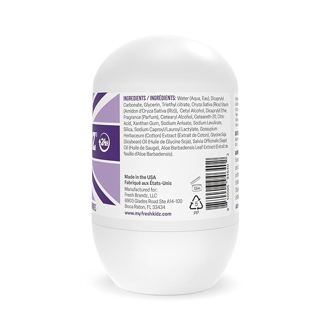 Fresh Kidz Roll On Deodorant for Kids and Teens - Baking Soda and Aluminum-free 24 Hour Protection for Sensitive Skin - Girls "Purple" 1.86 fl.oz.