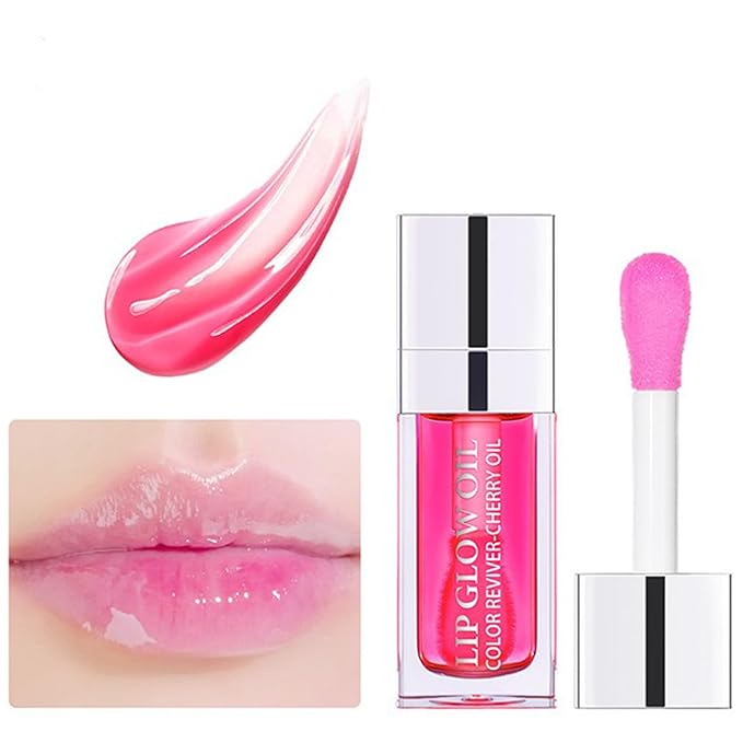 Hydrating Lip Glow Oil Set, Plumping Lip Oil Moisturizing Nourishing Shiny No-Sticky Transparent Tinted Lip Gloss Balm, Natural Lip Plumper Gloss Repairing Lightening (Raspberry)