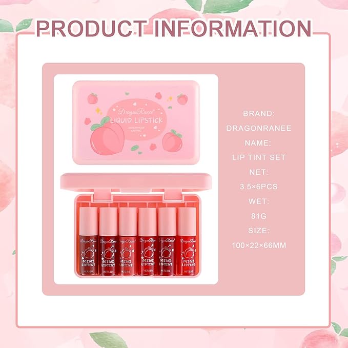 6 Colors Peach Lip Tint Stain Set, Mini Lip