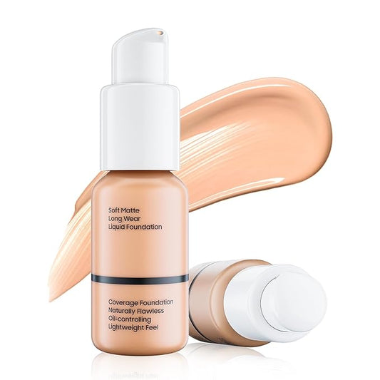 Matte Full Coverage Liquid Foundation - Lightweight & Warm Peach)
