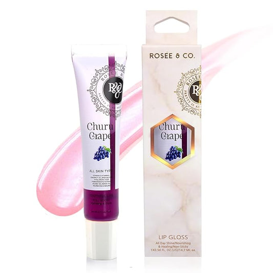 ROSÉE & CO Rosee Lip Gloss Vegan & Cruelty Free Treatment, Professional Make up, Long Lasting Glossy with Shea Butter, Moisturize, Protect & Smooth, High Shine, Non-Sticky (p. Churu Grape, 0.5)