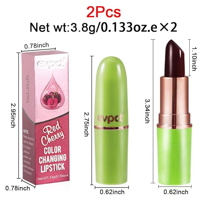 evpct 2Pcs Black Red Cherry Magic Mood Color Changing Lipstick Long Lasting 24 Hours Original for Women, PH Color Change Changing Jelly Lipstick Tinted Lip Balm Stain Gloss Makeup Set, labial magico