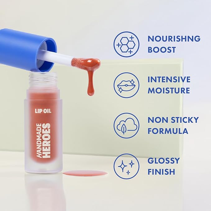 Handmade Heroes 100% Natural Vegan Lip Oil with Squalane Non-Sticky Lip Gloss Moisturizing, Shiny, Nourishing Korean Lip Gloss - Sugar Peach