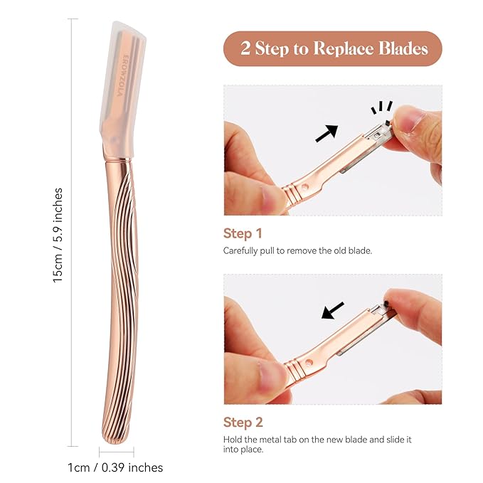 Dermaplaning Tool for Face, Eyebrow Razor for Women and Men, Eyebrow Trimmer and Facial Shaver Dermaplane Razor for Peach Fuzz Hair and Exfoliation, Includes 6 Blades (Rose Gold)