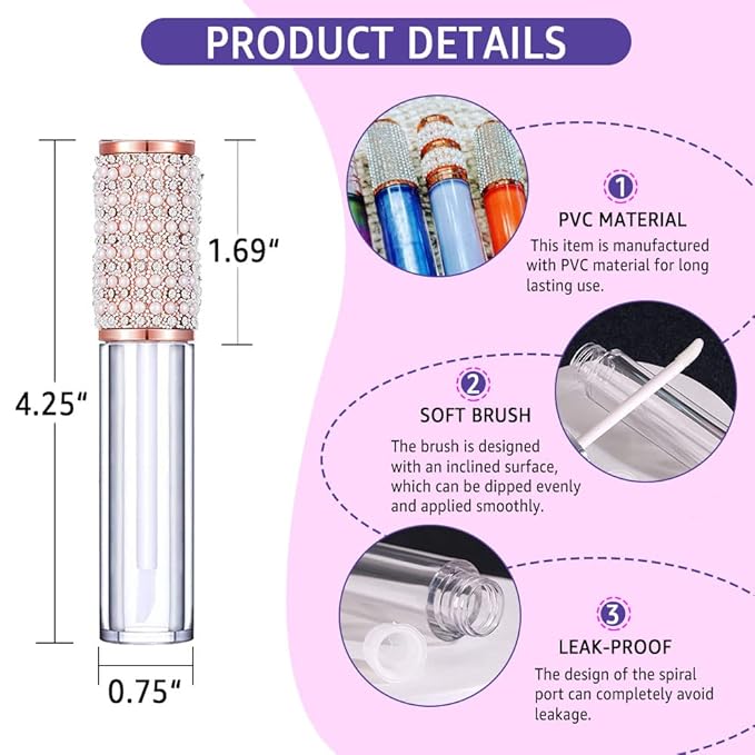 AMORIX 72pcs 5ml Diamond Lip Gloss Tubes with Wand Lipgloss Tubes Bulk Empty Rhinestone Lip Gloss Containers Bottles Crystal Lip Gloss Supplies Kit, 4 x Syringes + Labels for DIY Lip Gloss Base