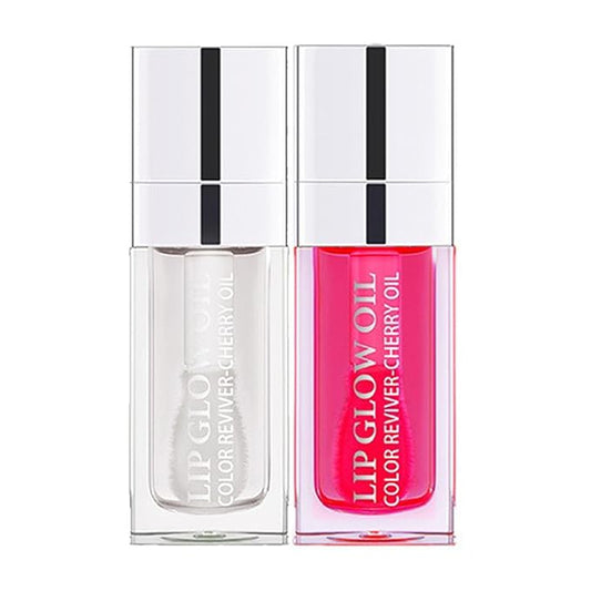 Hydrating Lip Glow Oil Set, Plumping Lip Oil Moisturizing Nourishing Shiny No-Sticky Transparent Tinted Lip Gloss Balm, Natural Lip Plumper Gloss Repairing Lightening (Cherry+Clear)