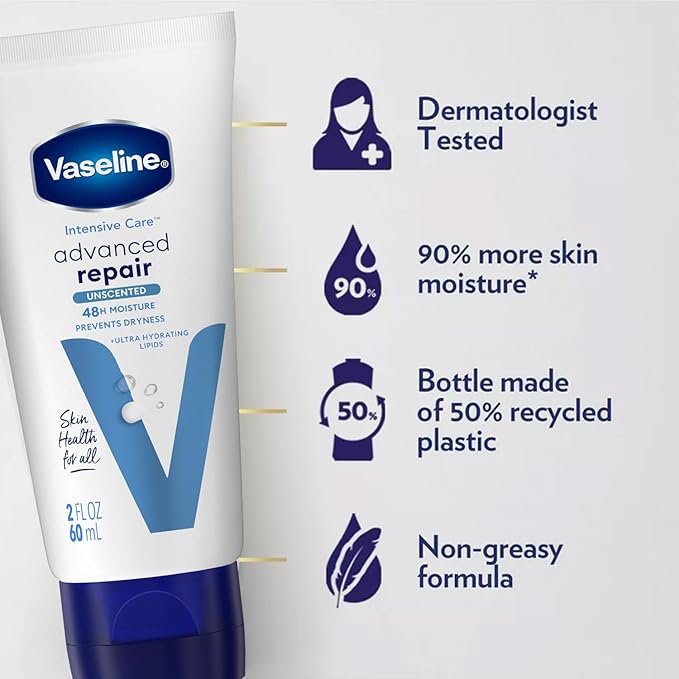 Vaseline Intensive Care Lotion Bundle – Advanced Repair Unscented Lotion & Nourishing Moisture Hand & Body Lotion for Extremely Dry Skin, 2 Oz Ea (2 Piece Set)