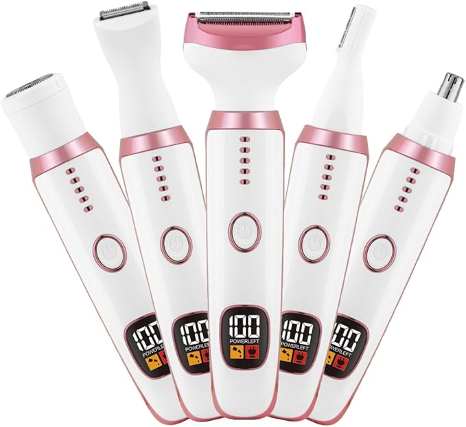 Electric Razors for Women, Bikini Trimmer for Women 5 in 1 Body Shaver for Nose Hair Face Eyebrow Arms Legs Armpit Underarm Pubic Area, Replaceable Lady Facial Razor Painless USB Charge Female Gift