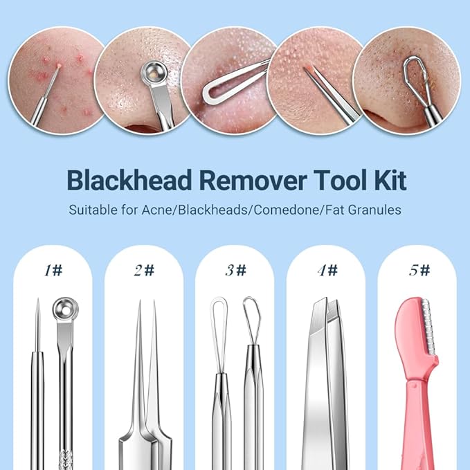 TsMADDTs Blackhead Remover Tools, Ingrown Hair Tweezers, Pimple Popper Tool Kit, Blackhead Extractor, Eyebrows Tweezers for Women Facial Hair Razors