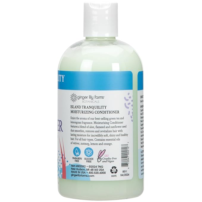 Ginger Lily Farms Botanicals Moisturizing Conditioner for Dry Hair, Island Tranquility, 100% Vegan & Cruelty-Free, Green Tea Lemongrass Scent, 12 Fl Oz