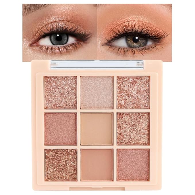 9Colors Champagne Rose Gold Eye Shadow Palette Makeup,Highly Pigmented Shimmer Pink Eyeshadow Palette Nude Glitter Sparkly Eye Shadows Long Lasting Waterproof Blendable Naturing-Looking