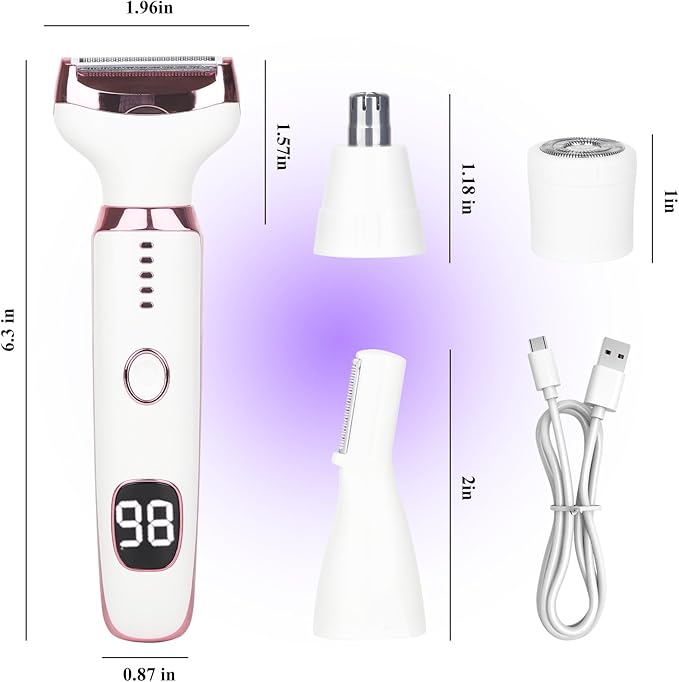 Electric Razor for Women Men,4 in 1 Painless Ladies Wet & Dry Body Razors and Facial Hair Remover,Rechargeable Led Display Hair Removal Kit for Nose Face Body Leg Bikini Arm Hair (White)