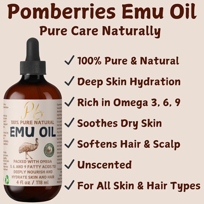 Emu Oil, 100% Pure Australian Emu Oil – Refined & Unscented – Natural Moisturizer for Hair, Skin, Face & Body – Helps with Scars, Dry Skin & Massage – 4 fl oz Glass Bottle