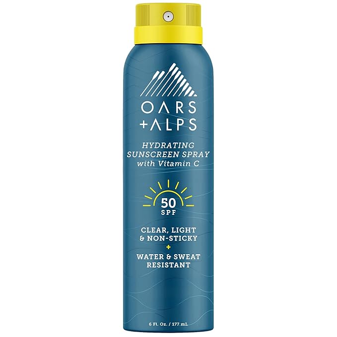 Oars + Alps Sunscreen Spray for Face & Body, SPF 50 Spray Sunscreen Infused with Vitamin C & Antioxidants, No White Residue, Water & Sweat Resistant, All Skin Types, Lightweight, Hydrating, 6oz, 1pk