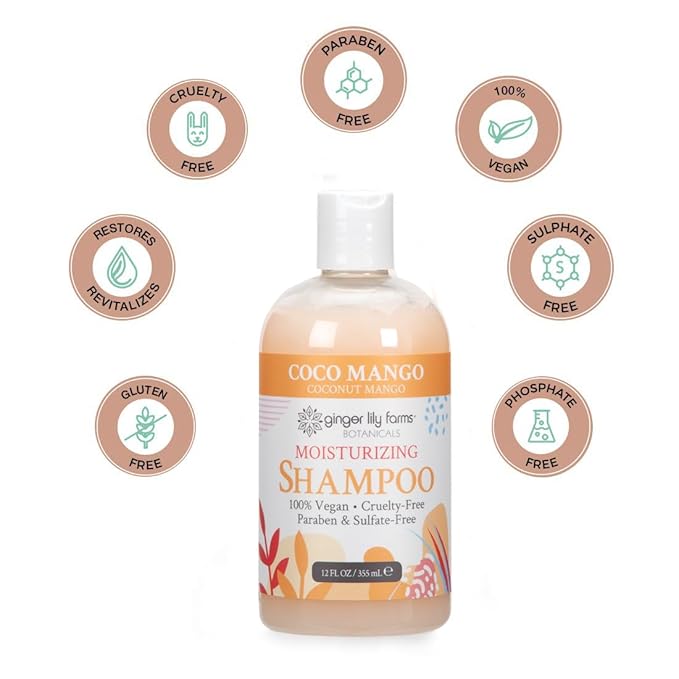 Ginger Lily Farms Botanicals Moisturizing Shampoo for All Hair Types, Coco Mango, 100% Vegan & Cruelty-Free, Coconut Mango Scent, 12 Fl Oz (Pack of 6)