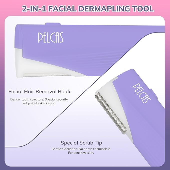 PELCAS Electric Dermaplaning Tool for Women Face with LED Light 3 Speeds Mini Dermaplaning Razor with 6 Blades, 2 in 1 Facial Peach Fuzz Hair & Exfoliation Removal System At Home BV18-712 Light Purple
