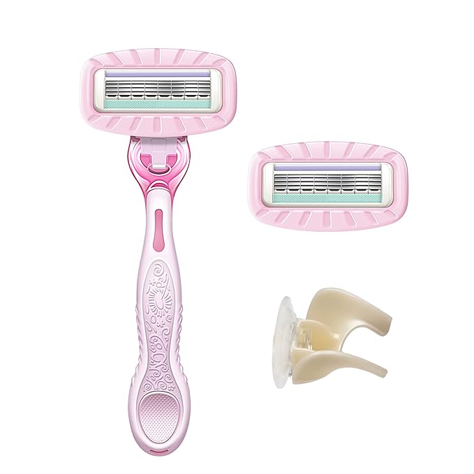 Amazon Basics Women's 4 Blade Razor for Women, Fits AmazonBasics & Venus Handles, Moisturizing Surround, 4 Count, Includes 1 Handle, 2 Cartridges & 1 Shower Hanger, Pink (Pack of 2)