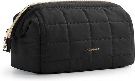 BAGSMART Makeup Bag Travel Toiletry Bag, Puffy Padded Make Up Bags for Women Makeup Organizer Case, Wide-open Pouch Purse Travel Essentials Toiletries Accessories Brushes, Black