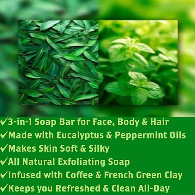 Olivia Care Coffee Exfoliating Bar Soap 3-In-1 Pack Multi Use for Hair, Face & Body 100% Natural & Organic – Infused with Eucalyptus & Mint Essential Oils- Deep Clean, Hydrating - 2 X 5 OZ
