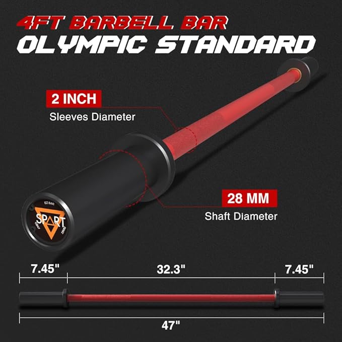 4FT Olympic Barbell Bar 47Inch Straight 2 Collars, 500Lbs Capacity 2 Inch