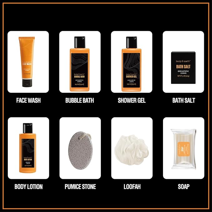 Body & Earth Gift Baskets for Men Bath Set Citrus Scented Bath and Body Gift Set with Body Lotion, Face Wash, Shower Gel, Bubble Bath, Loofah, Birthday Fathers Day Gifts