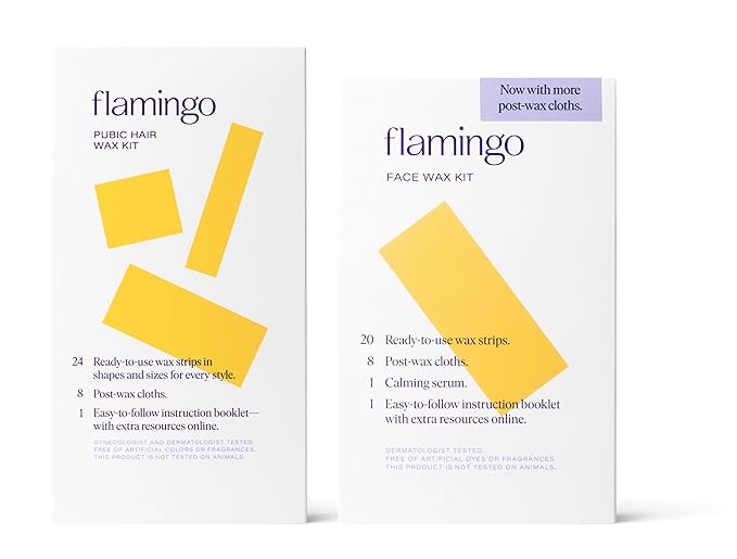 Flamingo Face & Pubic Wax Kit - 44 Wax Strips, 16 Post-Wax Cloths, and Calming Serum - Easy At-Home Hair Removal