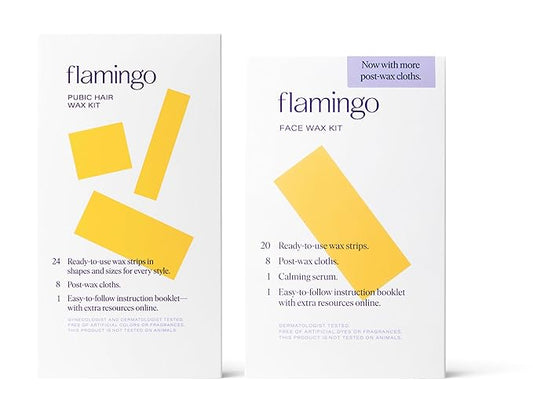 Flamingo Face & Pubic Wax Kit - 44 Wax Strips, 16 Post-Wax Cloths, and Calming Serum - Easy At-Home Hair Removal