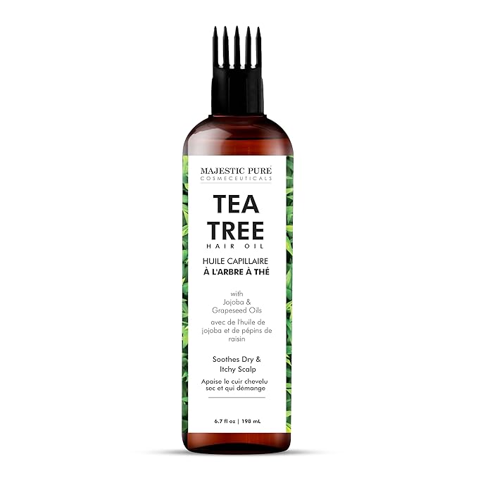 Majestic Pure 100% Pure Tea Tree Oil with Biotin for Hair Care, Strengthening, Nourishing, and Volumizing Formula with Jojoba Oil and Castor Oil - Non GMO Verified, 198 ml
