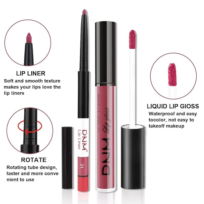 evpct 2Pcs Rose Red Pink Mauve Neutral Color Lip Liner and Matte Lipstick Makeup Sets Vegan Lipstick Lip Liner and Gloss Set Lip Stain Long Lasting Waterproof 24 31#