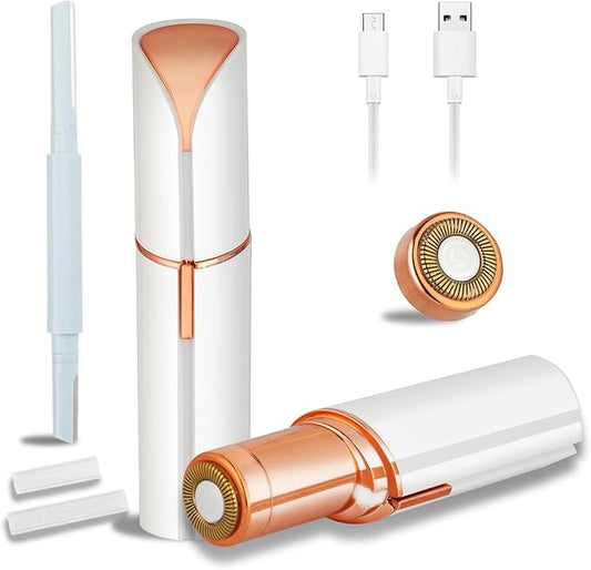 Facial Hair Removal for Women Men，Electric Painless Hair Removal Device Included 2 x Replacement Heads，USB Rechargeable Lady Womens Face Shaver with LED Light for Lip,Chin,Arms (White)