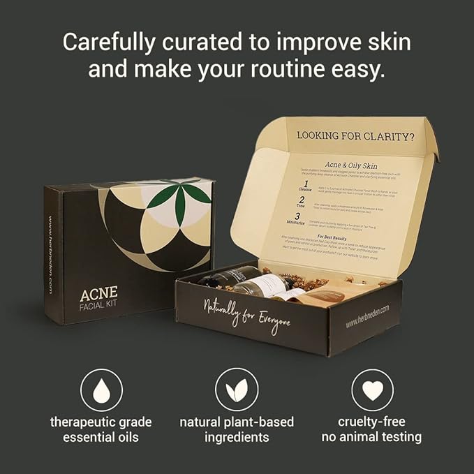 Herb’N Eden - Acne Facial Kit - Cleanse, Mask, Tone, & Moisturize - Natural Ingredients & Essential Oils - Made in USA - 5 Product Set includes Wash, Toner, Serum, Clay Mask, Sisal