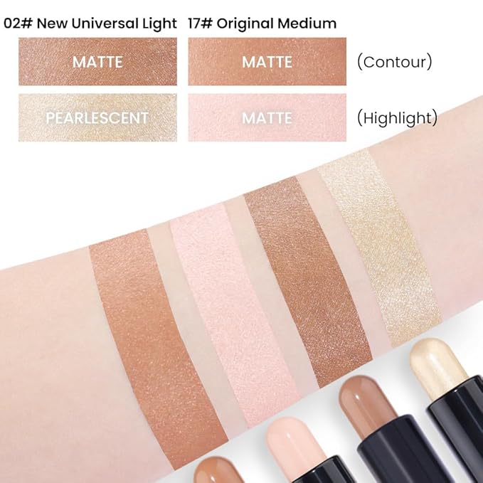 Kaely 2Pcs Cream Bronzer Highlighter Stick,Face Shaping Contouring Shades Makeup,02+17