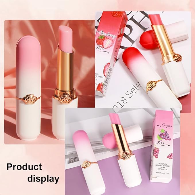 evpct 3Pcs Magic Color Changing Lipstick Long Lasting Waterproof 24 Hours Original for Women, Peach Strawberry Grape Pink PH Mood Permanent Color Changing Lipstick Lip Balm Gloss, labial magico