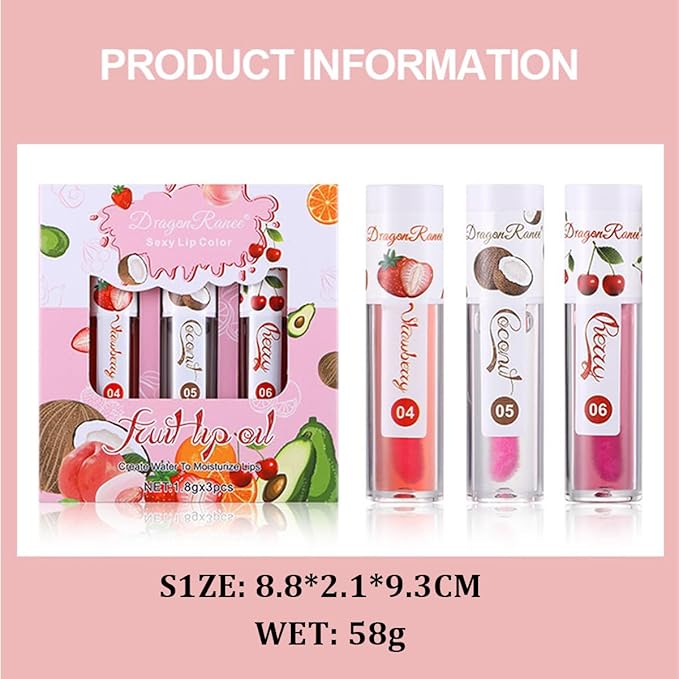 Color Changing Lip Oil - Fruit Lip Oil Pack, 3pcs Magic Color-Changing Lip Glow Oil, Hydrating Lip Gloss for Dry Lip Care Makeup