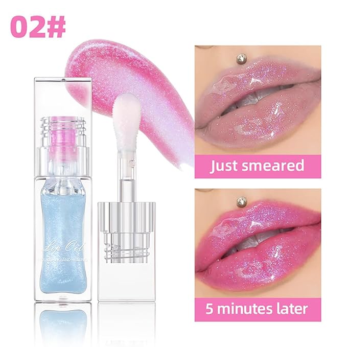 Magic Color Changing Lip Oil Ph, Glitter Lip Gloss, Upgraded Big Brush Head Moisturizing Lip Oil Long Lasting Nourishing Lip Glow Oil Non-Sticky Primer Lip Tint (# 02, 0.3 Oz)