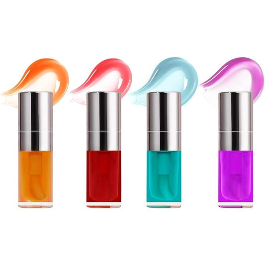 Plumping Lip Oil, 4PCS Hydrating Lip Glow Gloss Moisturizing Tinted Lip Balm Lasting Nourishing Protects Soothes, Comforts Transparent Lip Care Toot, Natural Ingredients Non-sticky Big Brush Glitter Primer Lip Tint (SET A)