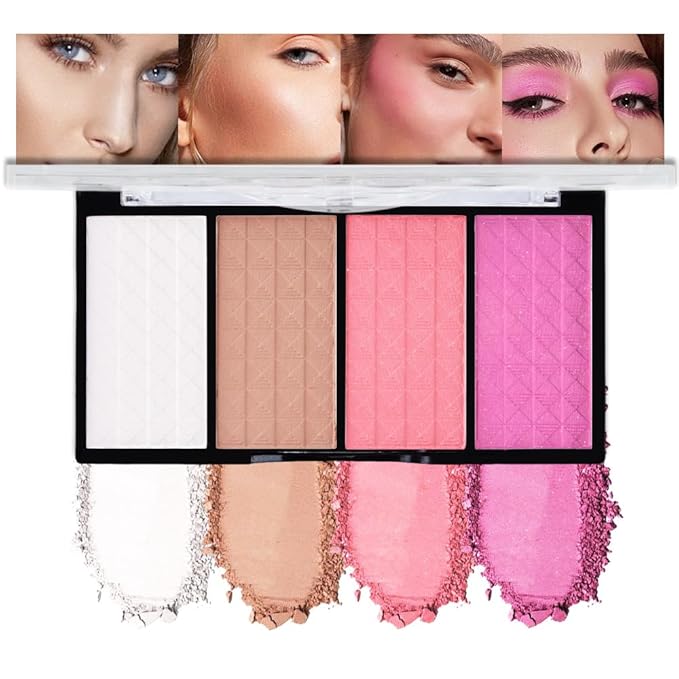 Matte Powder Blush Palette, 4 Colors Face Palette with White Highlighter, Brown Contour, Pink & Rose Pink Blush for Cheeks, Natural Lasting Makeup Palett for Women, Blus and Highlighter Pallet